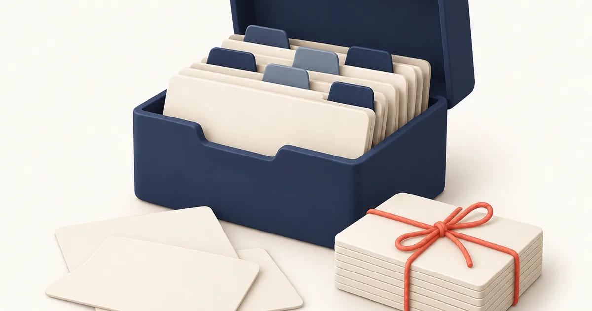 A card index box with coloured tabs, a stack of loose cards and a small group of cards tied together with string.