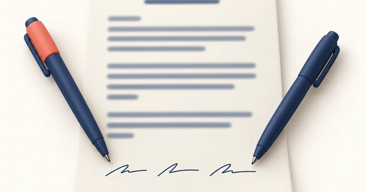 A single engagement letter with several pen lines at the bottom, and two ink pens resting on it from different sides.