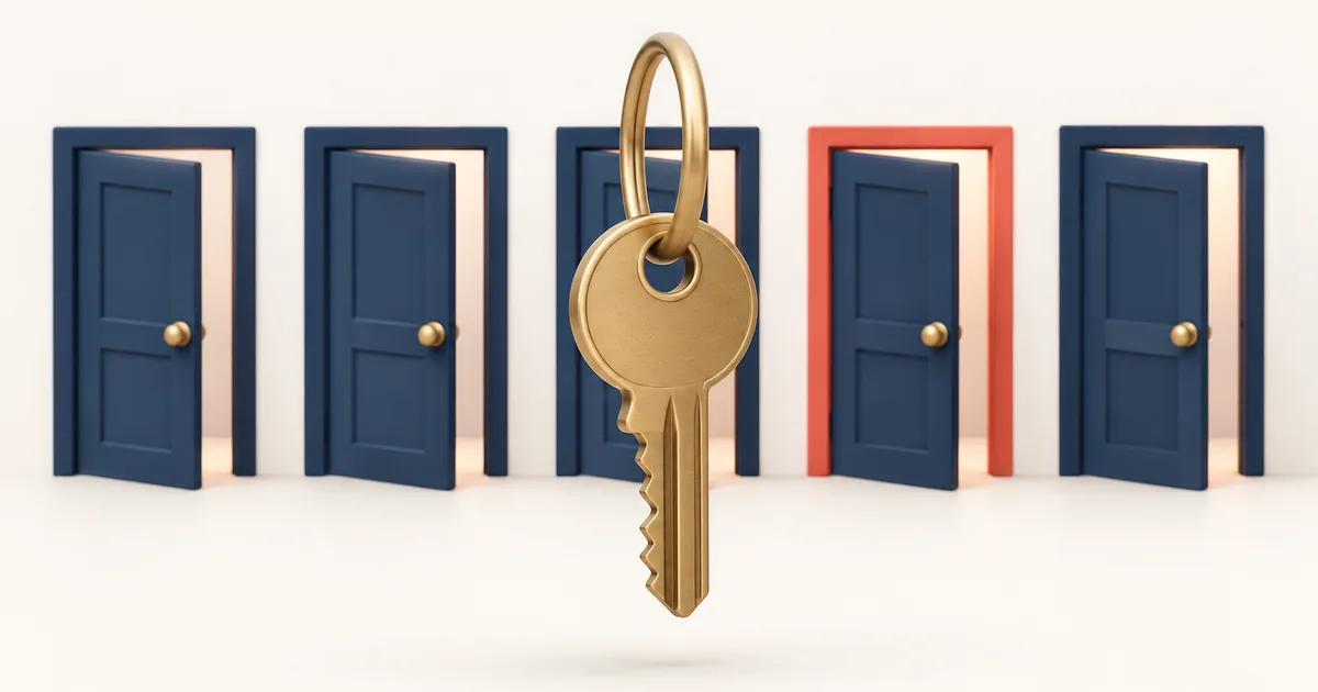 A single brass key hanging on a ring beside five identical doors in a row, each door slightly ajar.