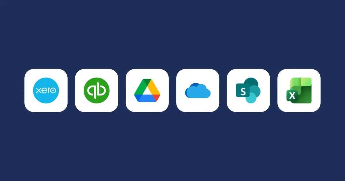 The Xero, QuickBooks Online, Google Drive, OneDrive, SharePoint and Excel marks in a row on BeforeMay navy.