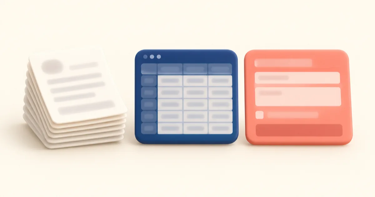 Three rounded blocks side by side in cream, navy and coral, shaped like a stack of papers, a spreadsheet grid and a form, with a small gap between each.