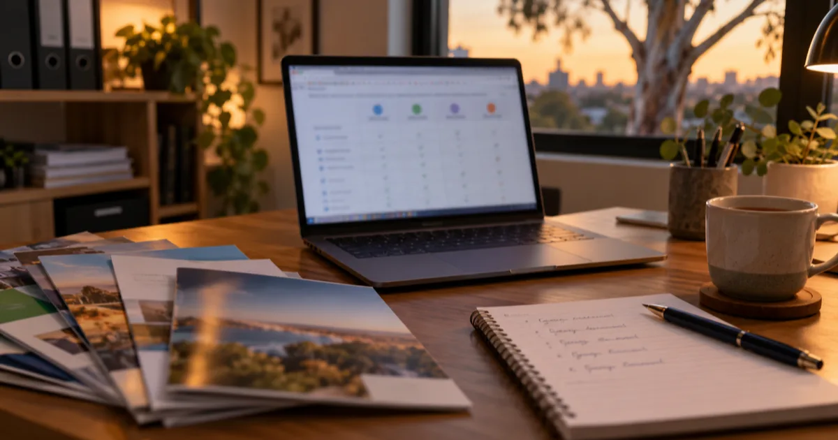 An office desk in early evening light with an open laptop showing many browser tabs, a fanned stack of printed brochures, a notepad with a short handwritten list and a cup of tea, all text out of focus.