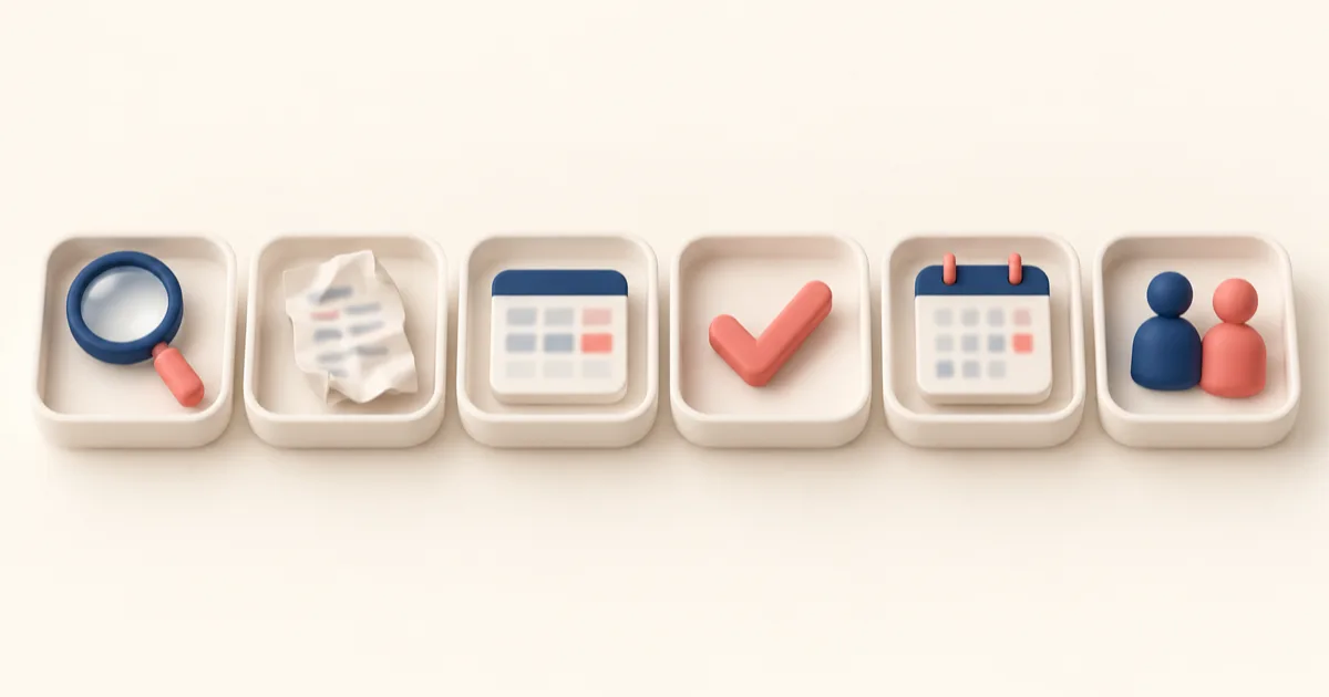 Six cream trays in a row, each holding a small navy and coral object: a magnifying glass, a crumpled receipt, a grid, a tick, a calendar and two small figures.