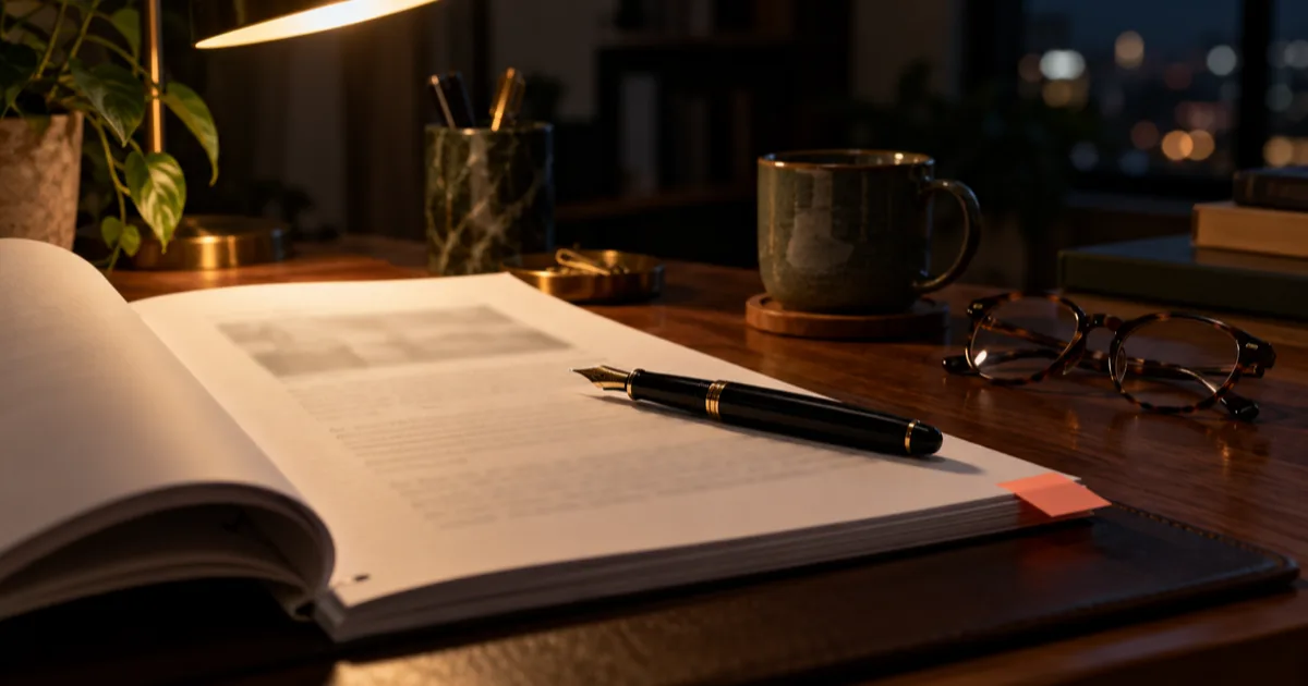 A thick printed file lying open under a desk lamp at night, a fountain pen across the page, a coral sticky flag at its edge, a mug and folded reading glasses beside it.