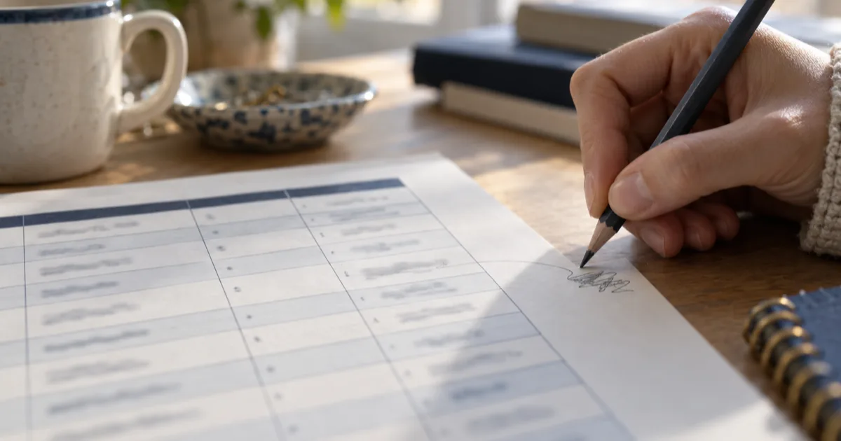 A hand writing a short pencil note in the margin of a printed table, a faint line running from the note back to one row, all the writing illegible.