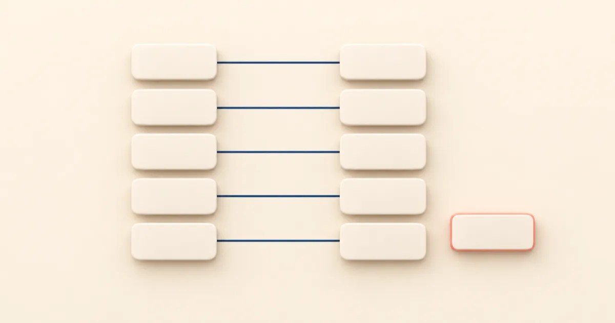 Two columns of blank cream tiles joined row by row with navy lines, and one extra tile with a coral edge sitting apart with nothing joined to it.