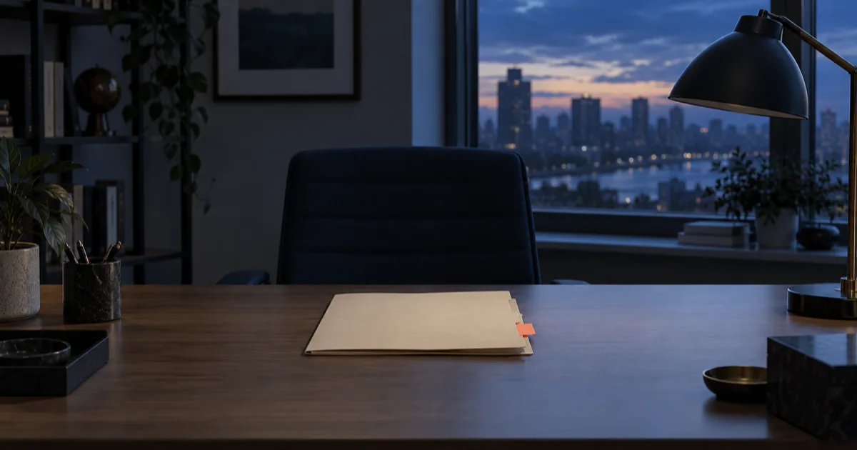 An office desk at dusk with a single closed manila folder in the middle, a small coral flag on its edge, the lamp off and the city lit up outside.