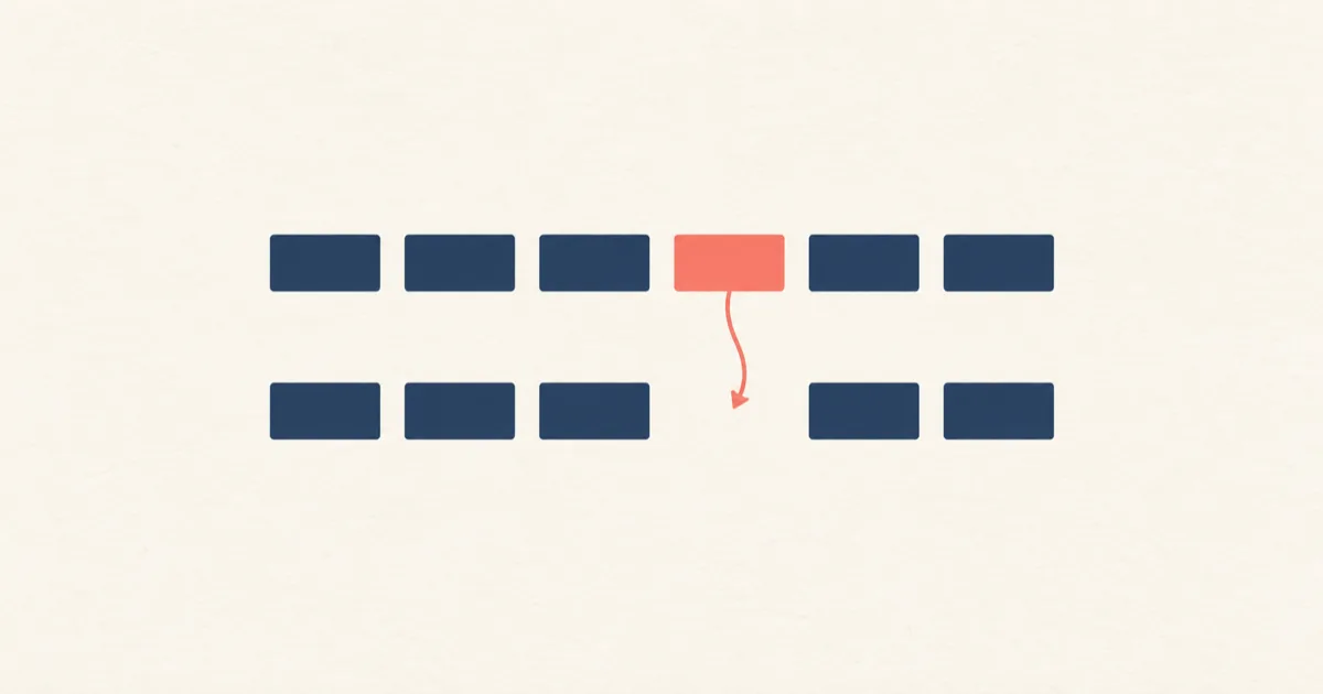 Two parallel rows of navy tiles on a cream field, with a coral tile connected into a gap in the lower row.