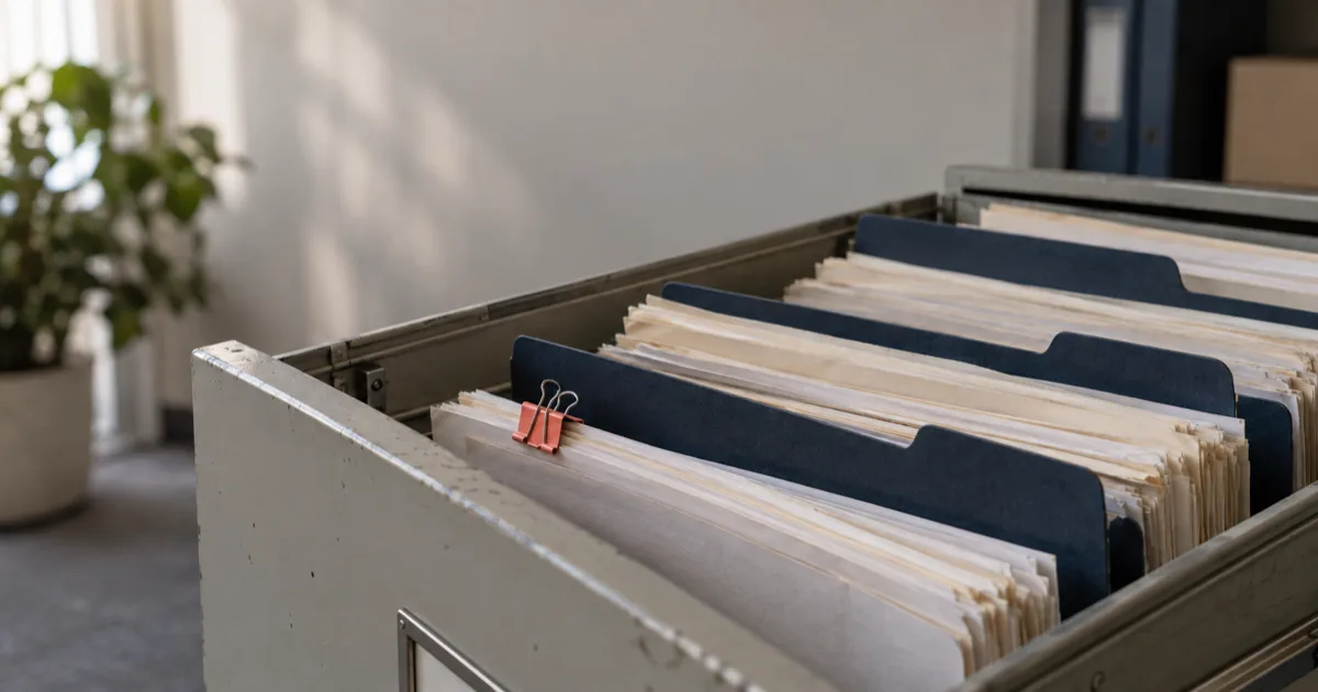 An open filing drawer with separated cream statement bundles and navy dividers, one bundle held apart by a small coral clip.