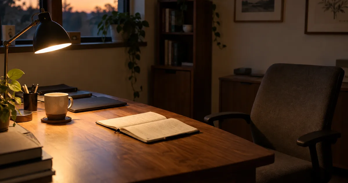 A small office at the end of the day, one desk lamp on, a notebook open to a short handwritten list, the writing out of focus.