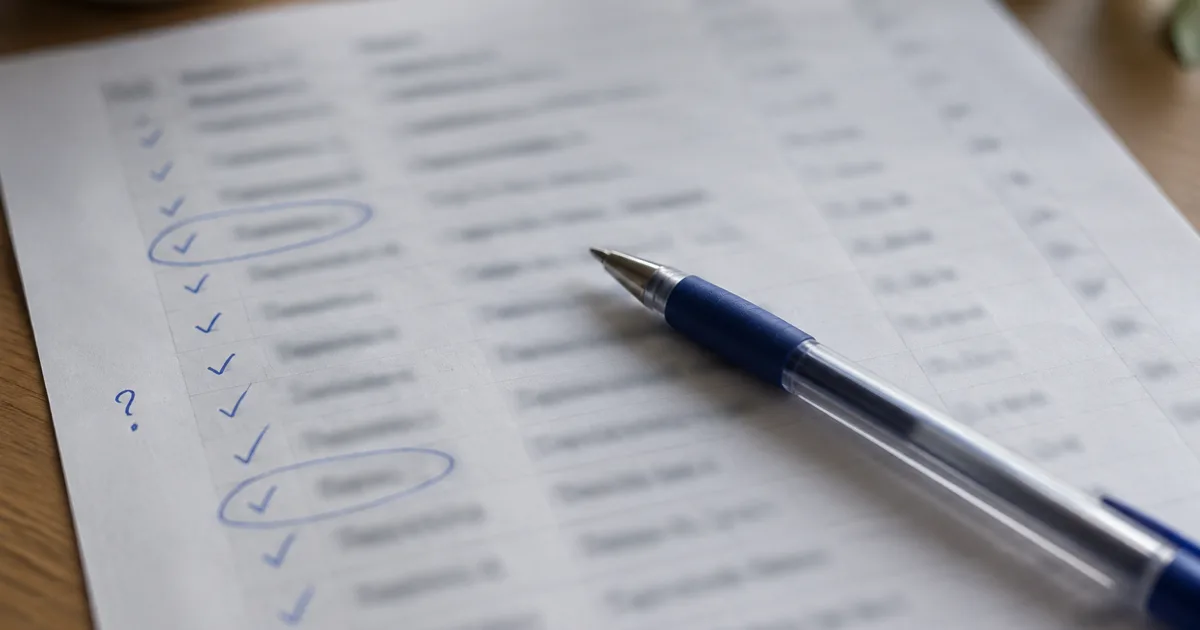 A printed schedule with most rows ticked in pen and two rows circled, with a handwritten question mark in the margin.
