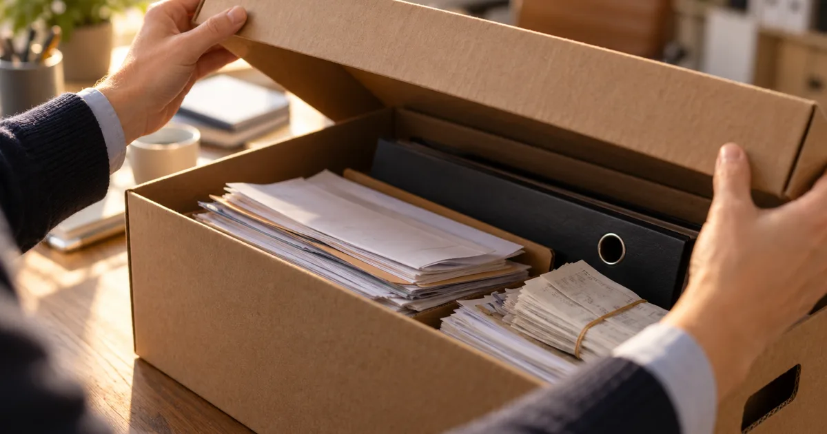 A pair of hands lifting the lid of a cardboard archive box on a desk, loose papers and a folder visible inside, every printed detail out of focus.