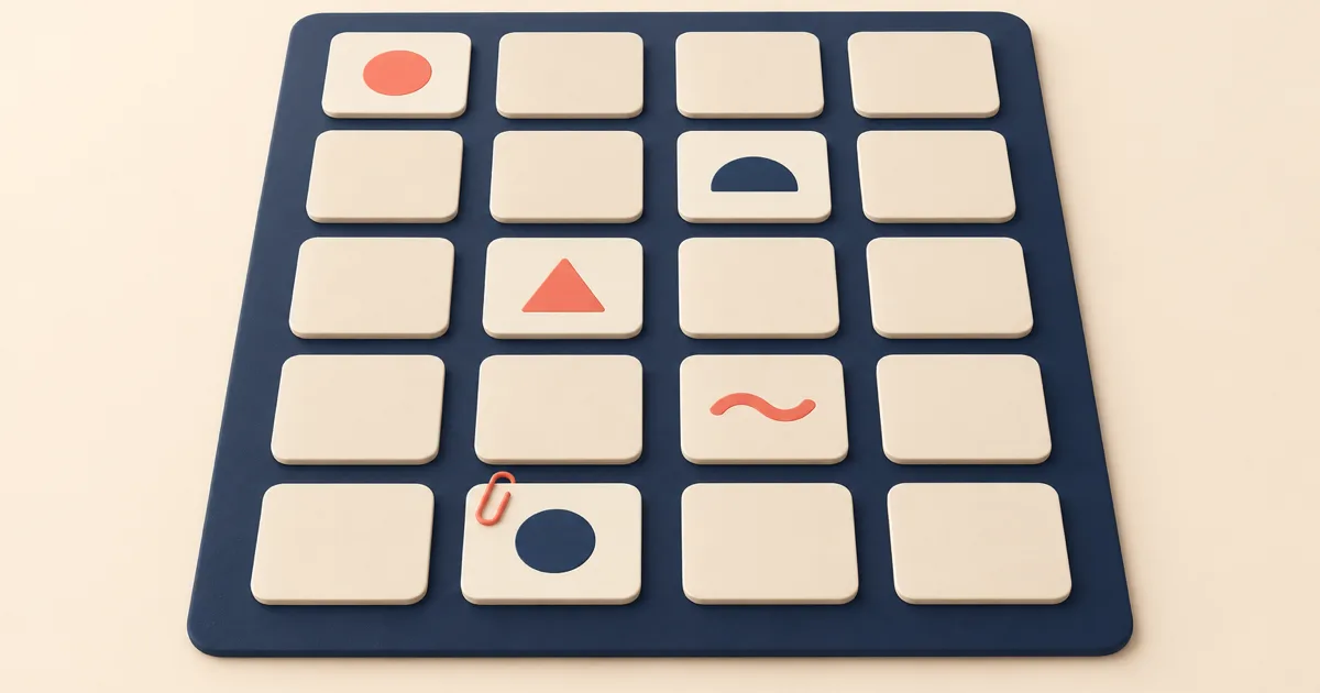 Several small cream cards laid in a neat grid on a navy desk mat, most face down, a few turned over and one marked with a coral clip.