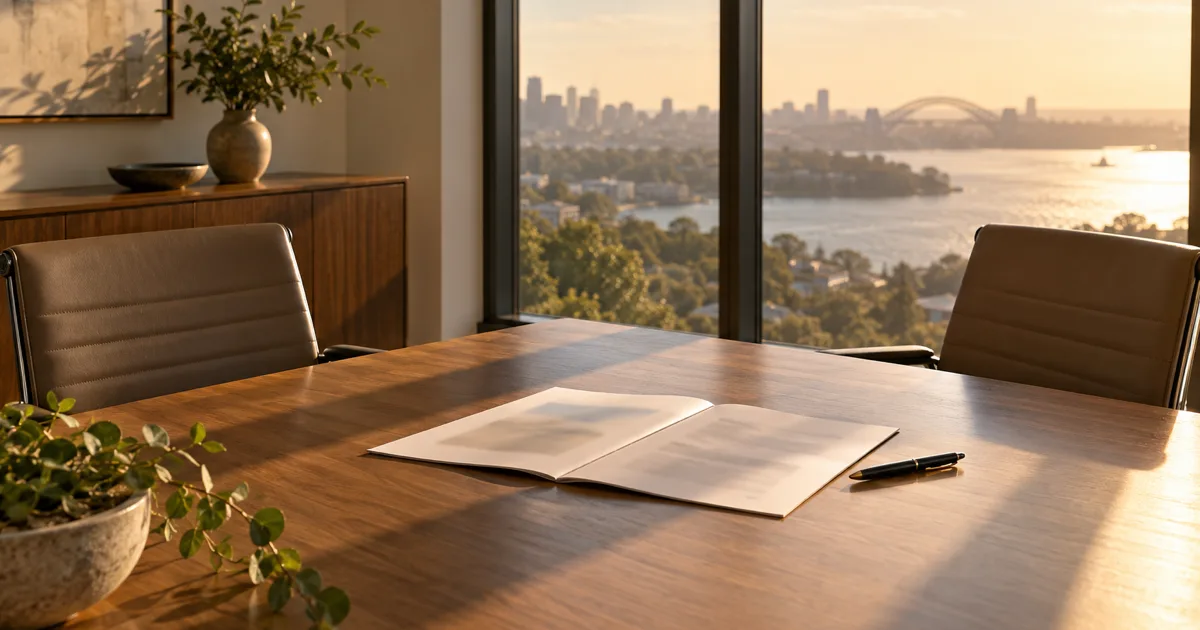 An empty meeting table in afternoon light with a single thin report lying open between two chairs, its printed text soft and unreadable.