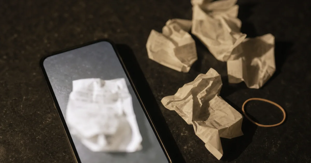 Crumpled receipts on a dark kitchen bench at night, a phone photographing one of them.