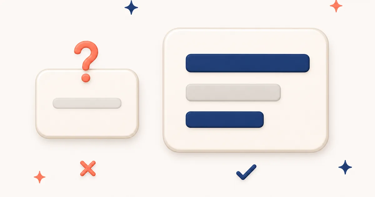 Two message cards side by side: a small vague one with a question mark, and a larger specific one with three clear lines.