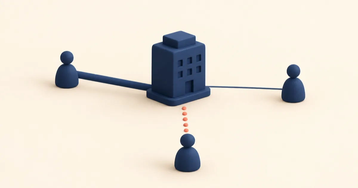 A small navy building with three figures around it, joined by a thick line, a thin line and a dotted coral line.