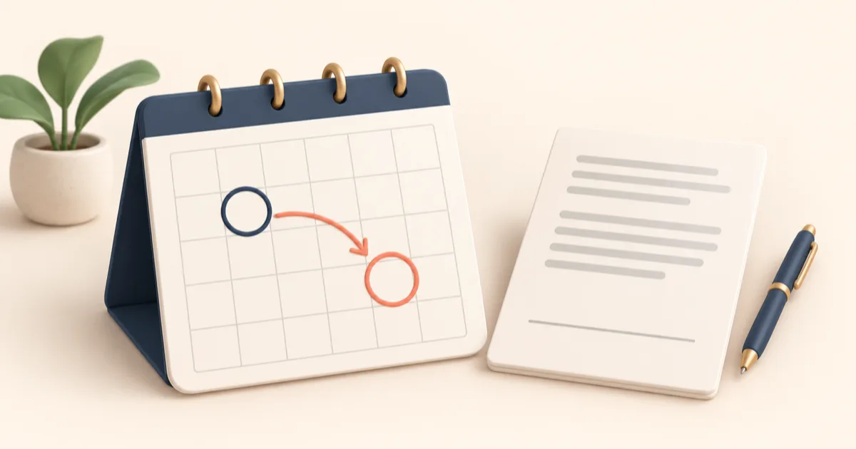 A desk calendar with two blank days circled, one in navy and one in coral, joined by an arrow, beside a document and a pen.