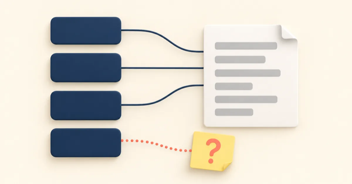 Four navy tiles, three joined by thin lines to a sheet of paper and one joined by a dotted coral line to a sticky note with a question mark.