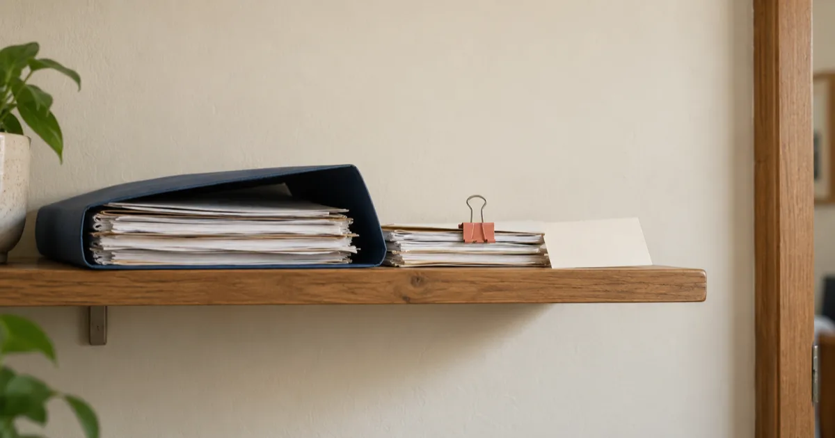 Two separate cream document bundles sit on a narrow office shelf, one in a navy sleeve and the other held with a coral clip.