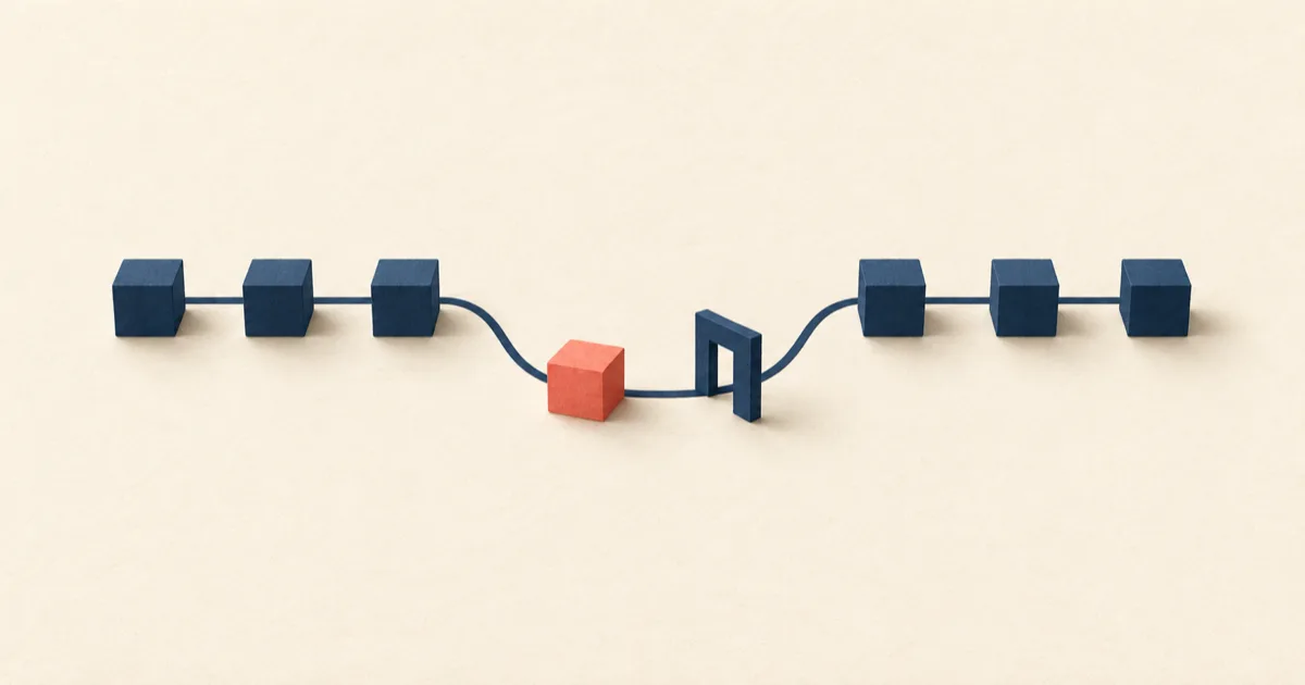 Navy blocks follow a curved path with one coral block placed before a small freestanding navy gate.