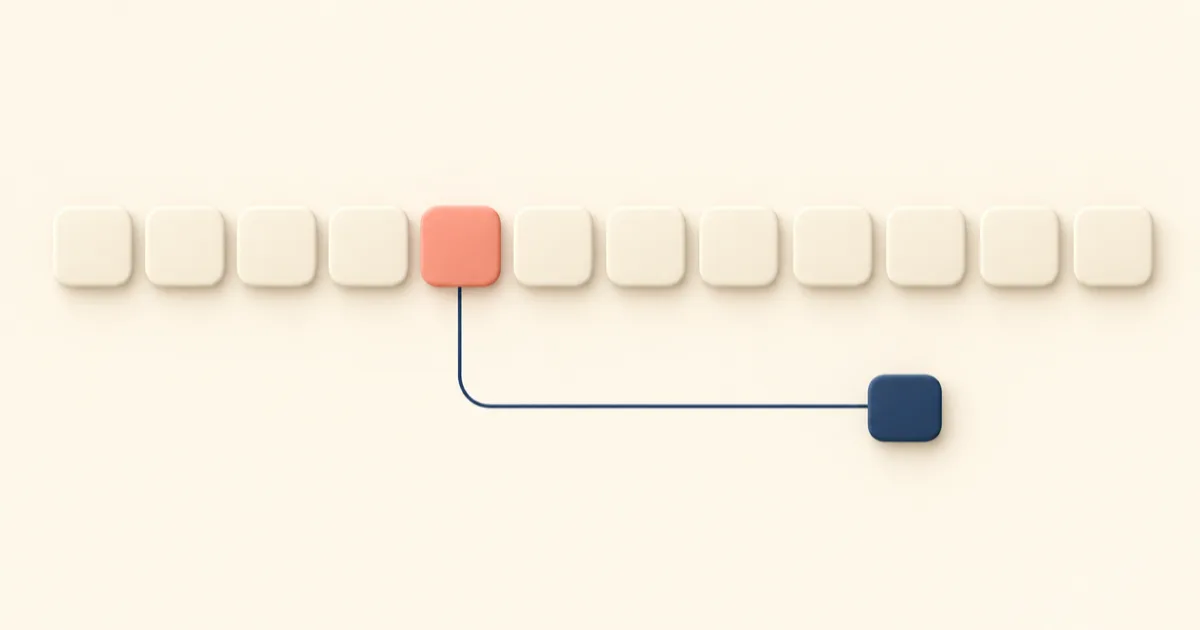 A long horizontal strip of soft cream tiles representing months, with one tile tinted coral partway along and a thin branching line leading off it.