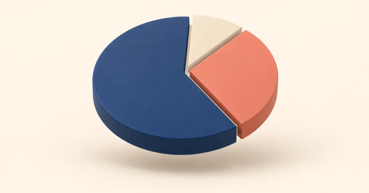 A single coin-shaped tile split into three unequal segments in navy, coral and cream, floating above a flat cream background.