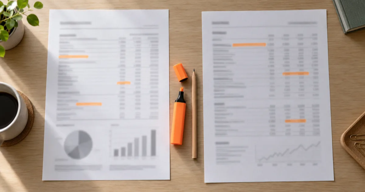 A loan statement and a bank statement lying side by side on a desk, a few lines on each marked with a soft orange highlighter, a pencil resting between them.