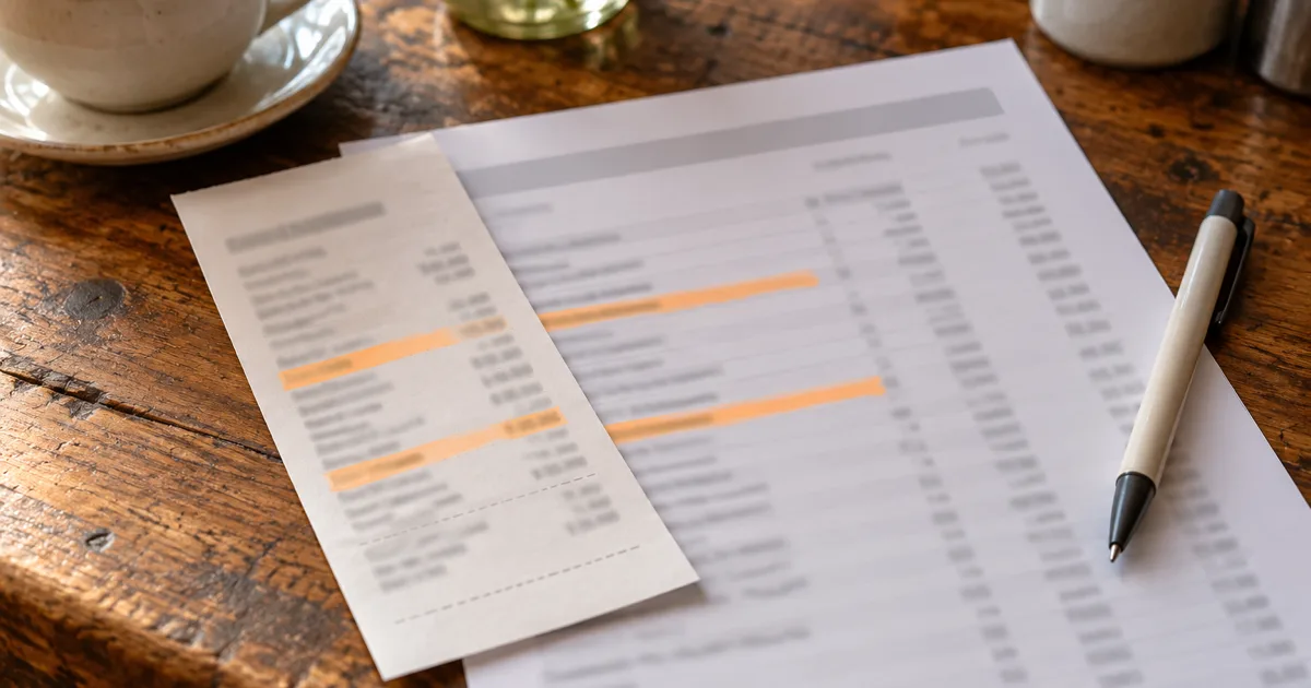 A short printed settlement docket lying across a bank statement on a wooden counter, a few matching lines on each marked in soft orange highlighter, a pen and a coffee cup beside them.