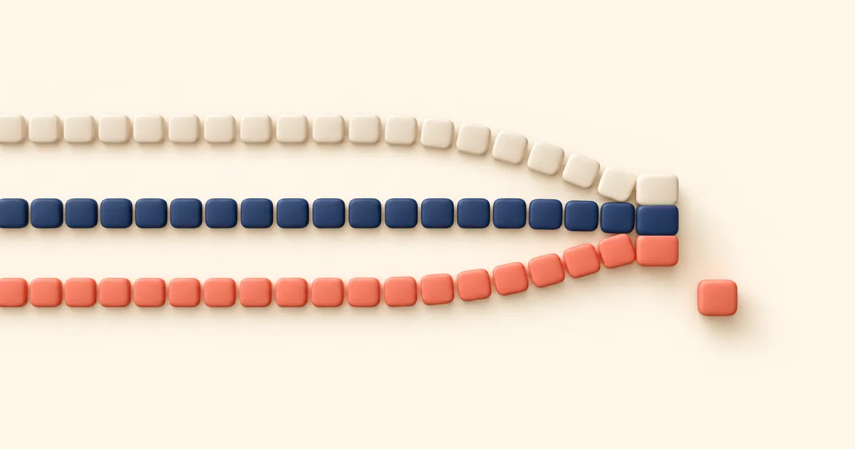 Three rows of cream, navy and coral tiles running left to right and meeting at a single point, with one coral tile sitting apart beyond them, on a flat cream background.