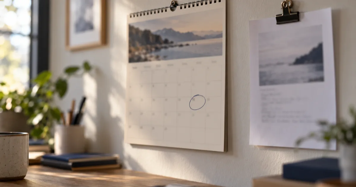 A paper wall calendar with one day circled in pen, a single printed page clipped to the wall beside it, the text out of focus.