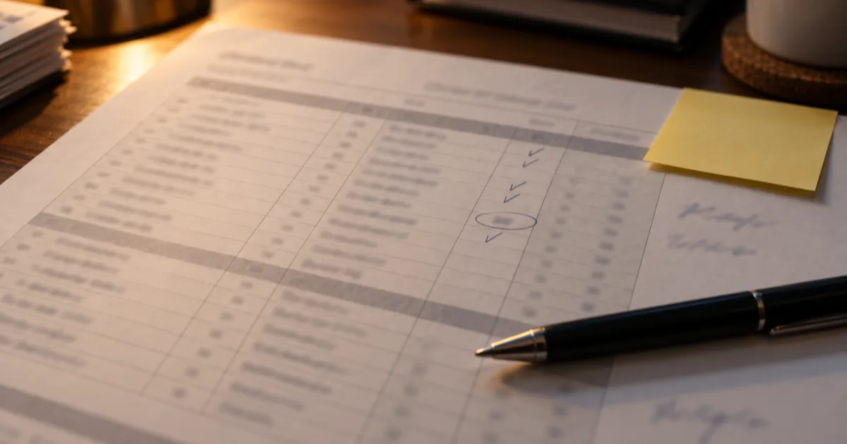 A printed schedule on a desk with rows ticked in pen, one figure circled, a yellow sticky note in the corner and a pen across the page, all writing illegible.
