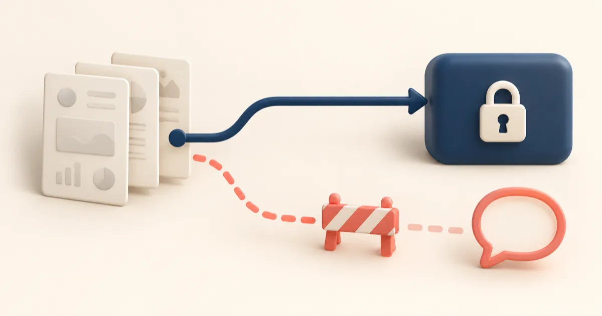 A flat illustration in cream, navy and coral: client documents flow along a navy path into a locked box, while a dashed coral path towards an open speech bubble is blocked.