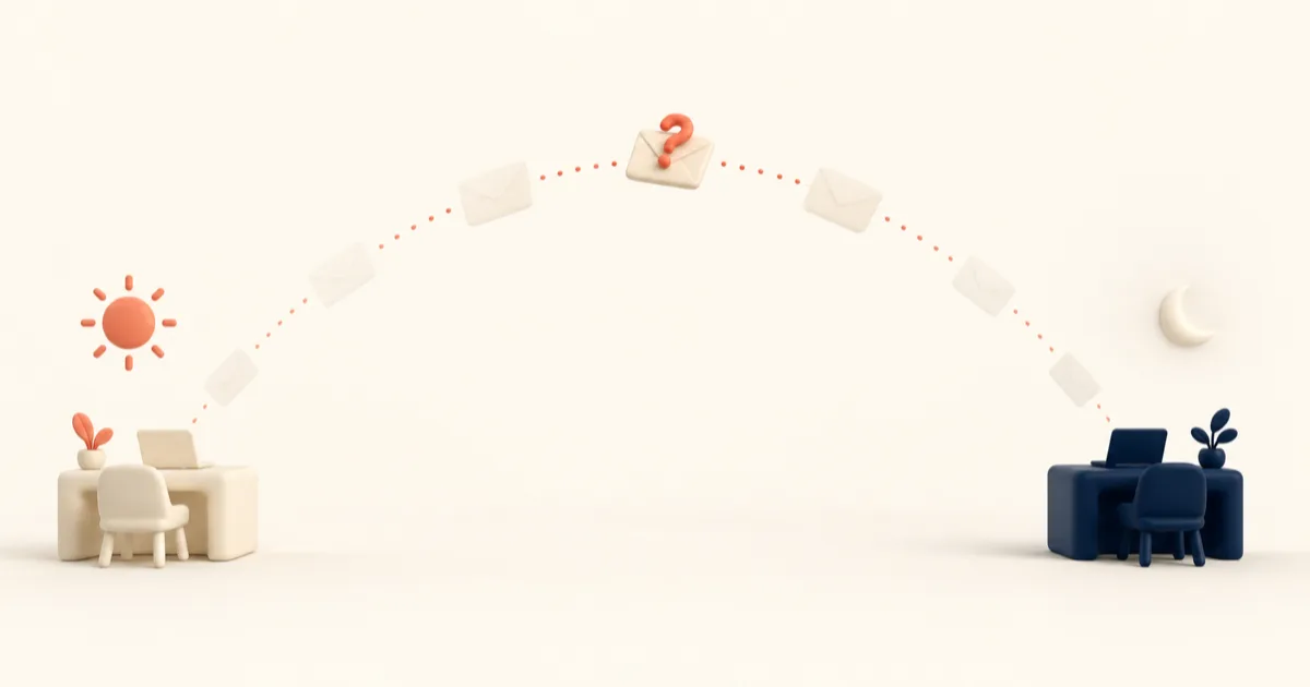 A cream envelope travelling along a long dotted arc from a cream desk under a coral sun to a navy desk under a crescent moon, with a coral question mark on the envelope at the top of the arc.