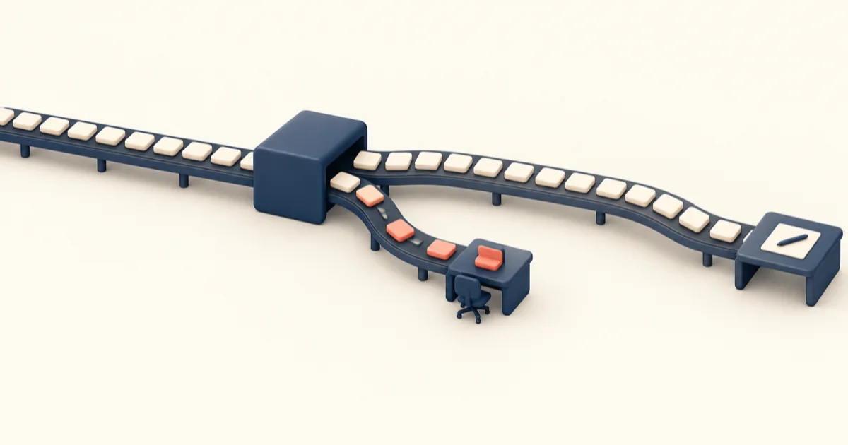 A conveyor of cream tiles passing through a navy sorting block; most carry straight on to a desk holding a sheet and a pen, while a few coral tiles branch off down a side lane to a small desk with a chair.