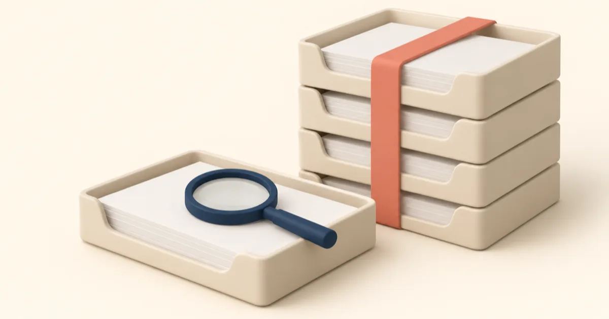 A single cream document tray with a navy magnifying glass resting on it, in front of a stack of four trays held together with a coral band.