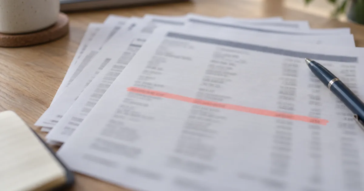 Several bank loan statements fanned across a desk, one line on the top page marked with a coral highlighter, all printed detail soft and out of focus.