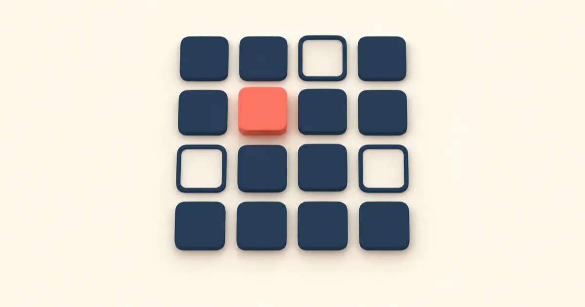 A four-by-four grid of rounded tiles on a cream background, most filled navy, three left as empty outlines and one raised in coral.