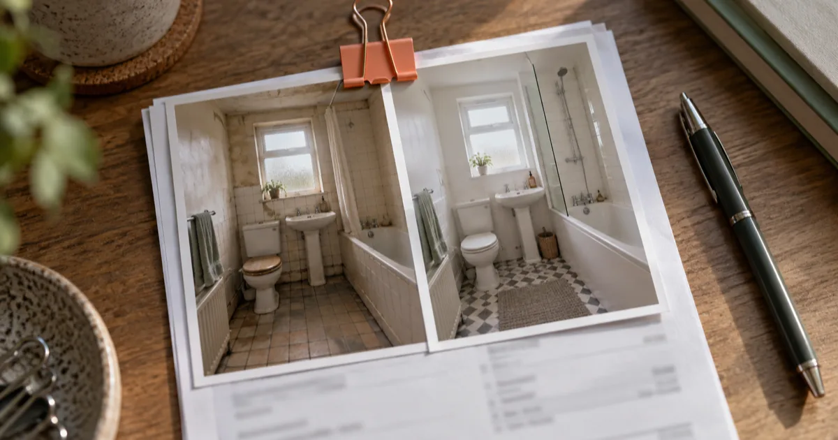 Two printed photographs of a small bathroom, one worn and one renovated, clipped with a coral clip to a tradesperson's invoice on a desk.