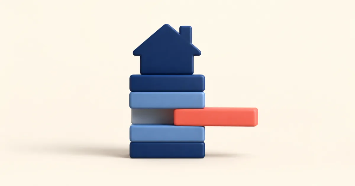 A navy house shape resting on a stack of rounded blocks, one coral block sliding out of the middle of the stack.