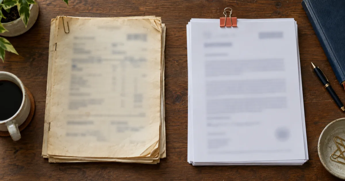Two document bundles on a meeting table, one yellowed with curled corners and one crisp with a coral clip, with a gap of bare table between them.