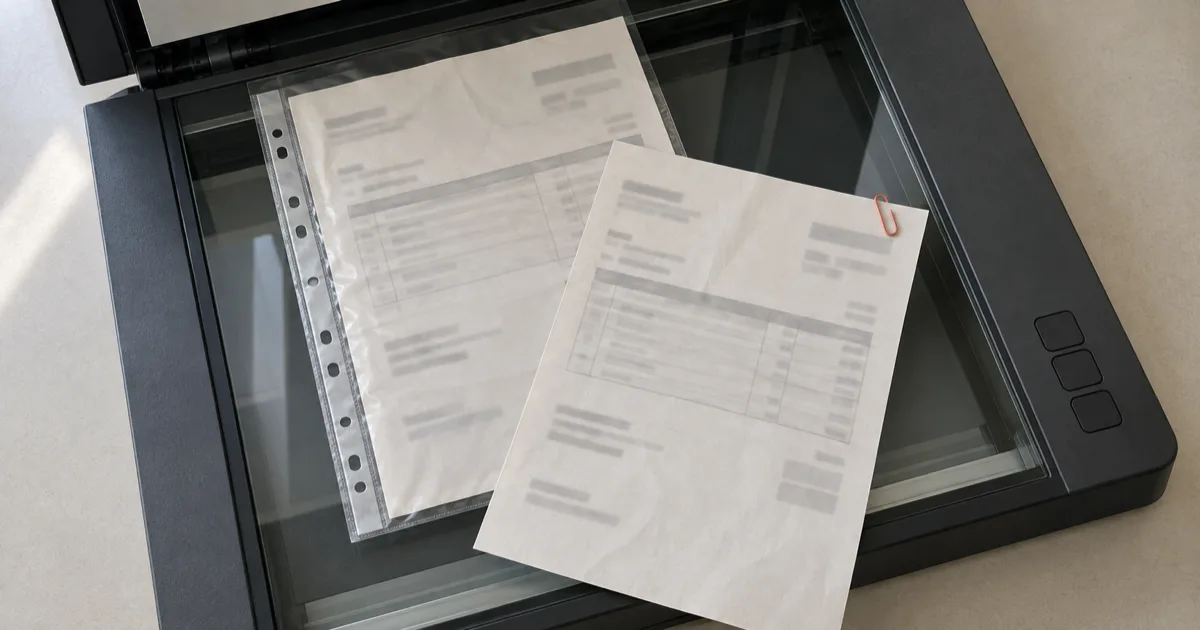 An invoice in a clear sleeve rests on an office scanner beside a second copy with a coral clip, with all printed detail indistinct.