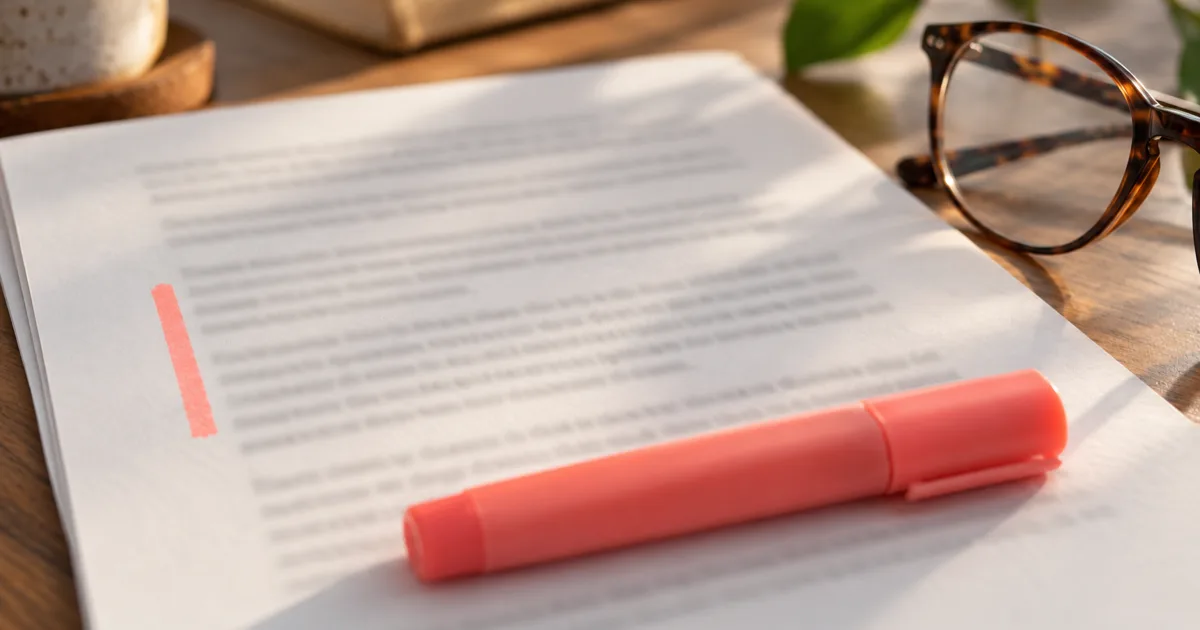 A printed letter on a desk with one short paragraph marked by a coral highlighter stroke down its margin, the highlighter lying across the page, all text out of focus.