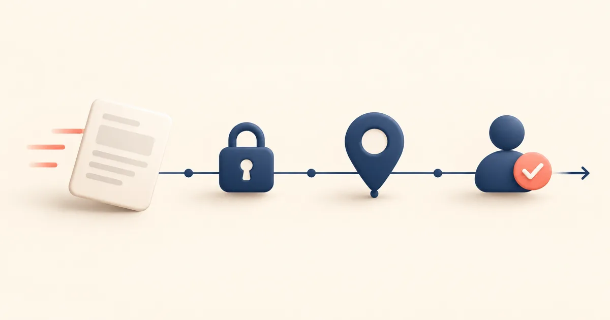 A cream document card travelling along a navy line past three rounded stations: a padlock, a map pin and a person with a coral tick.