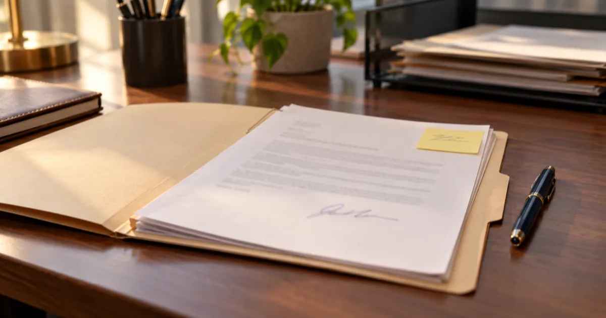 An open manila client file on a desk with a signed letter on top, a yellow sticky note with a handwritten date on the corner and a navy pen beside it.