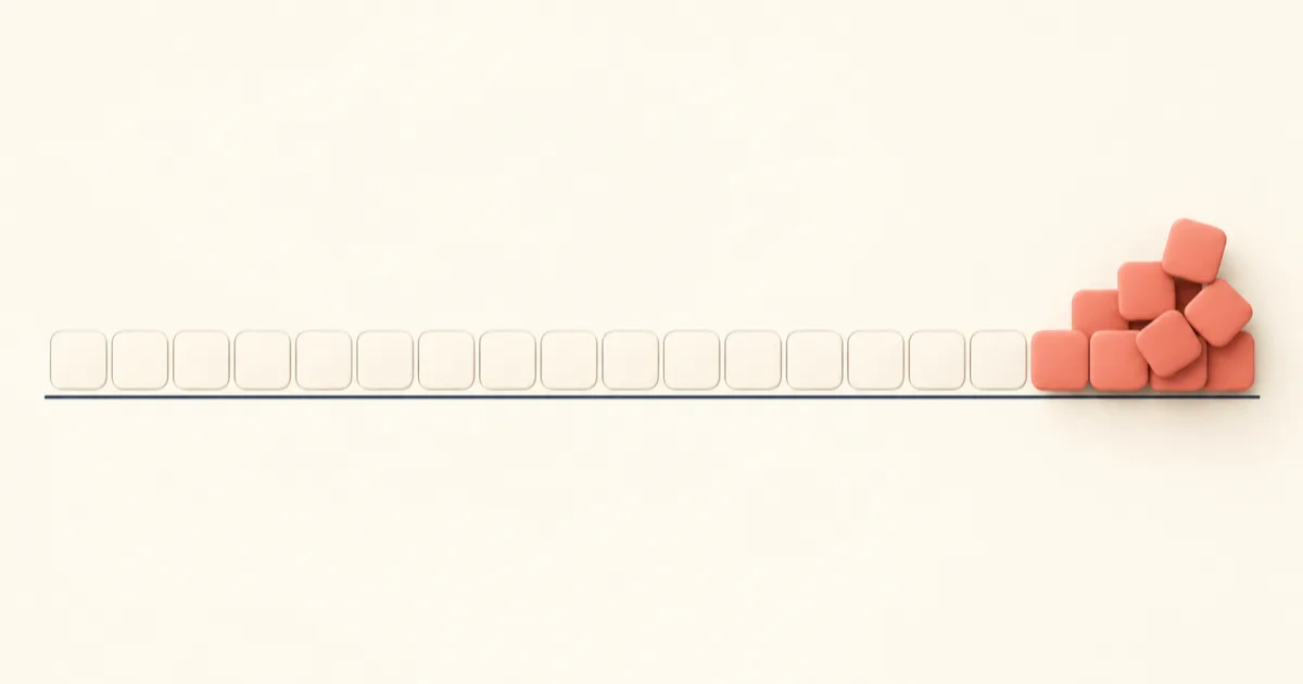 A long horizontal timeline drawn as a row of soft cream tiles, almost all of them empty, with a dense coral cluster packed into the final few tiles at the right-hand end.