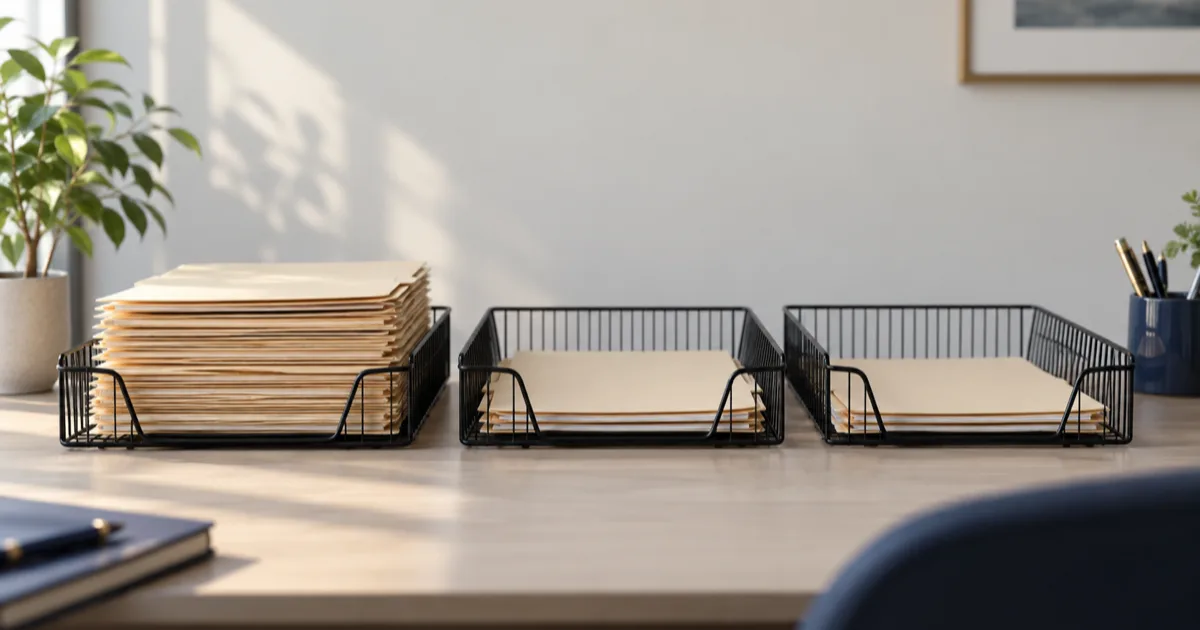 A single office desk with three tidy wire trays side by side, the left tray holding a neat stack of folders and the other two holding fewer, soft morning light, no readable text.