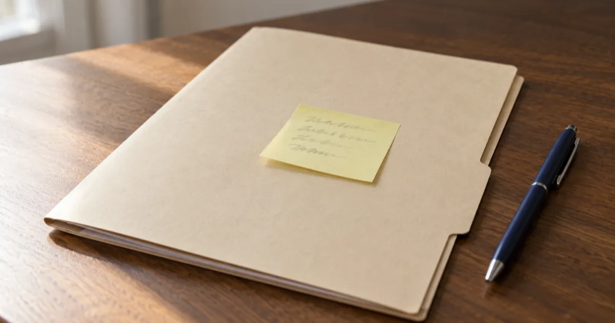 A closed manila folder on a wooden desk with a single yellow sticky note on its cover and a navy pen beside it, the handwriting soft and unreadable.