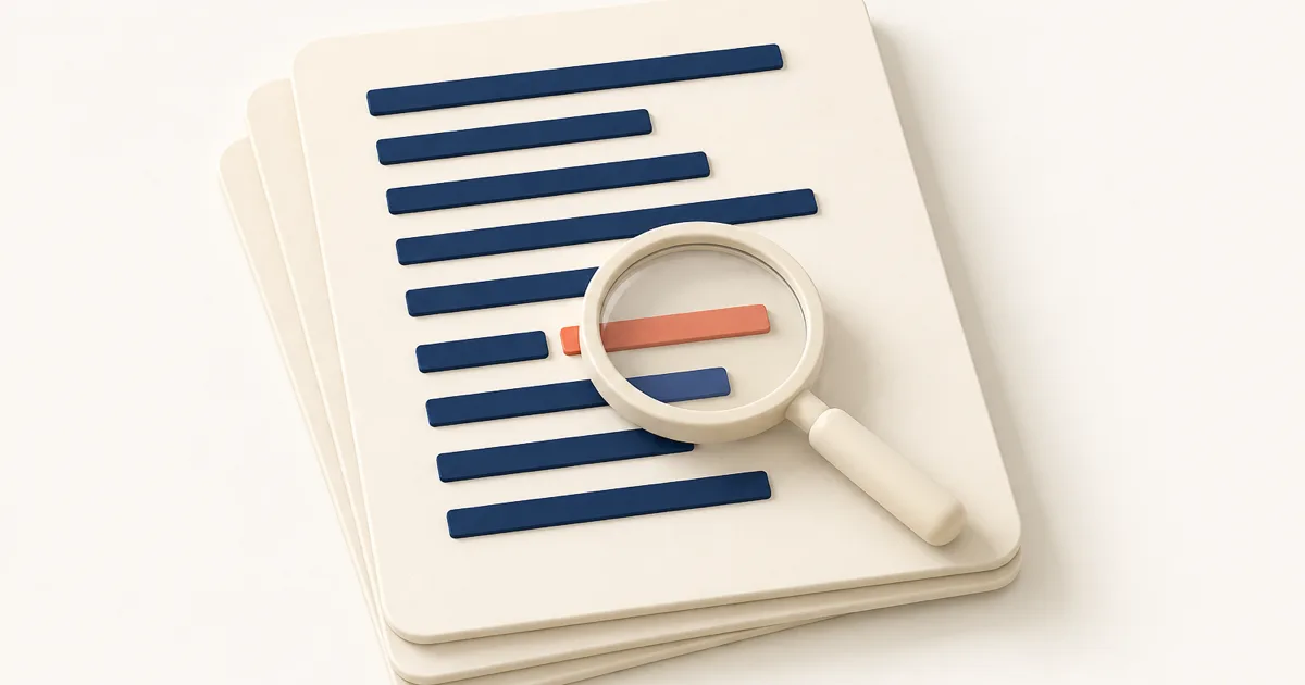 A stack of printed schedules seen from above with a magnifier resting over a single row, that row rendered in a different colour from the rest.
