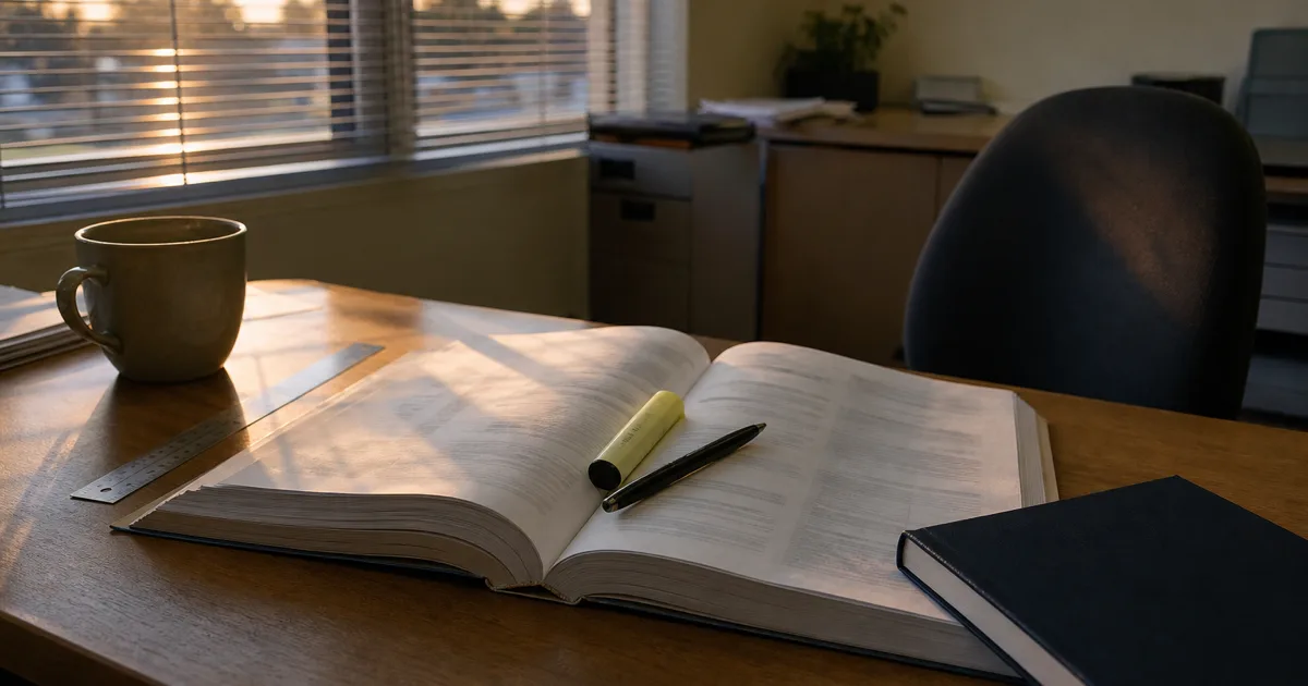 A junior's desk at dusk — a thick printed set of accounts lying open, a highlighter and biro across it, a cold mug of tea, an empty chair pushed back.